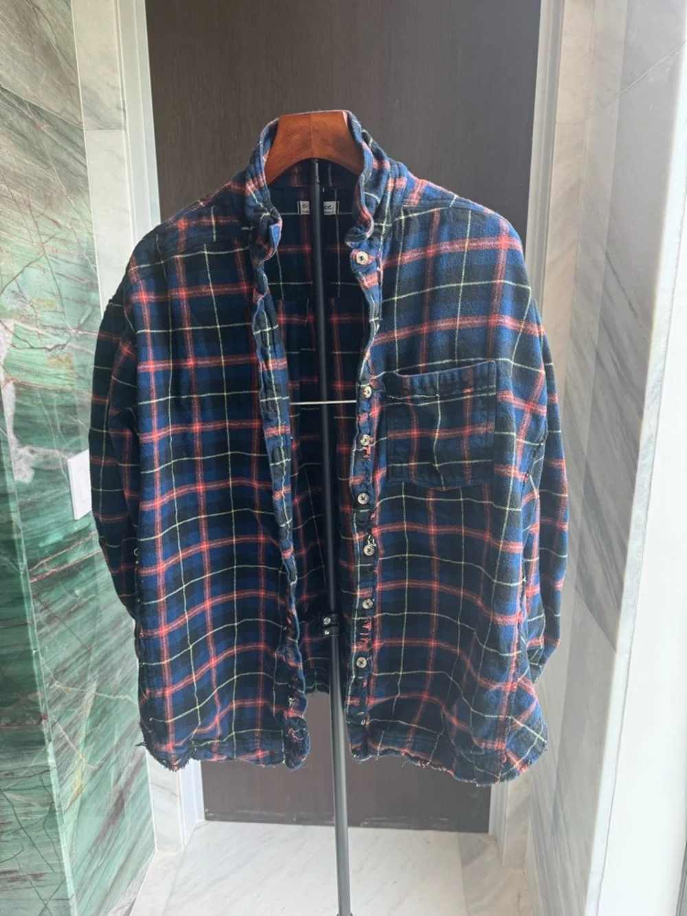 Free People Navy Red Plaid Button-Down Shirt